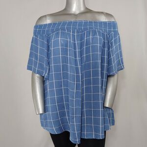 Style Co Top Womens 2X Blue White Block Plaid Smocked Short Flutter Sleeve